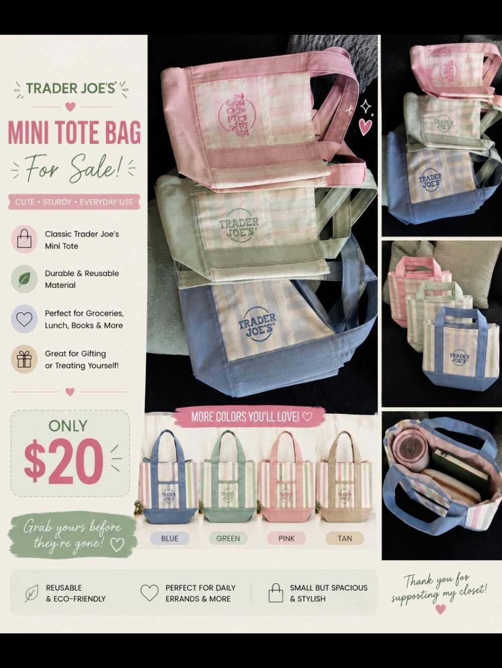 Trader Joe's Mint Striped Canvas Tote